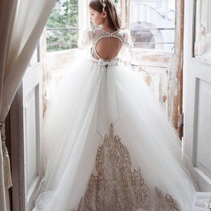 Bishop Sleeves Keyhole Back Gold Lace Applique Communion Flower Girl Dress